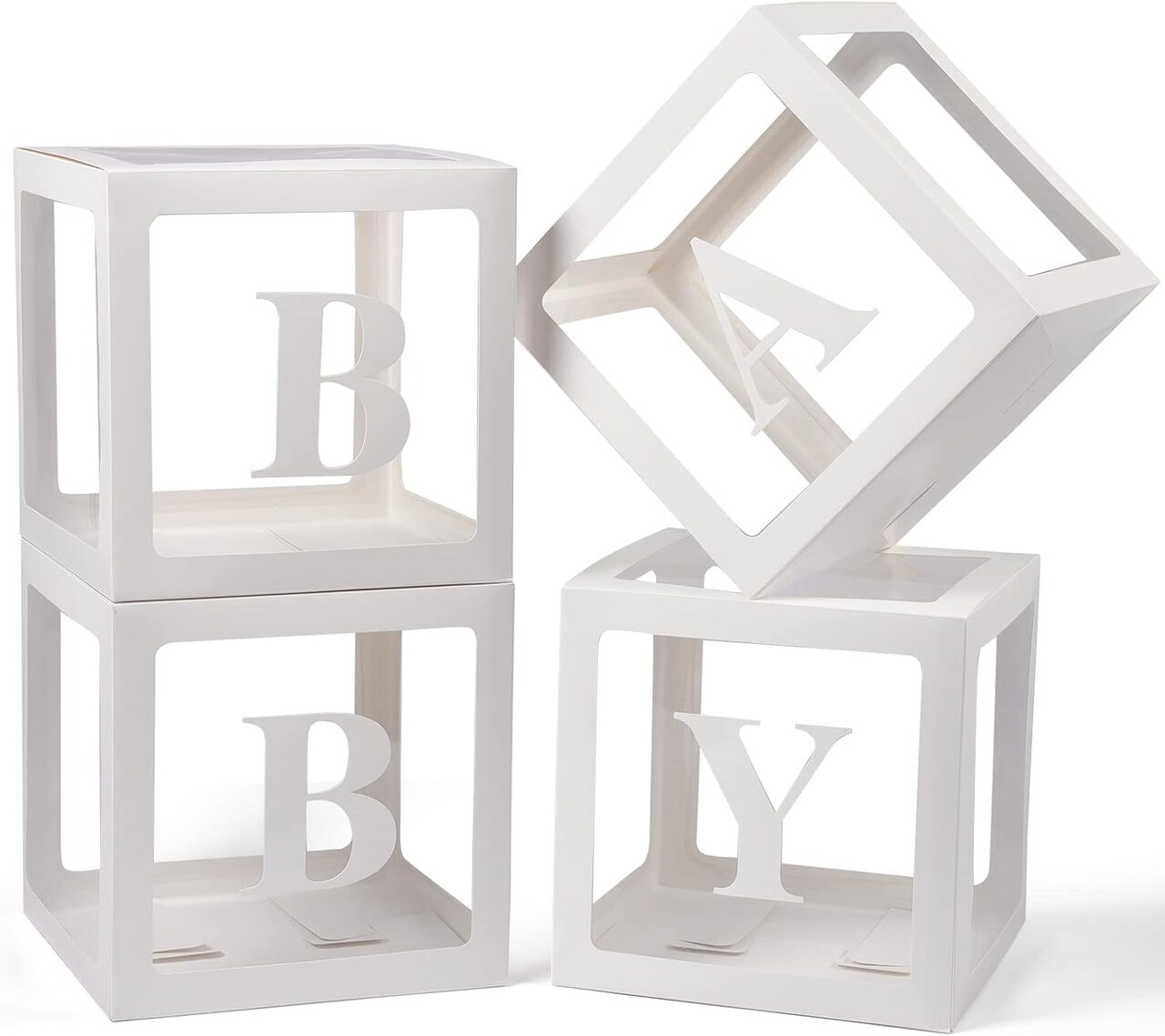 Baby Boxes with Letters for Baby Shower, 4 Transparent Balloon Boxes with Letters for Gender Reveal Birthday Wedding Baby Shower Decorations